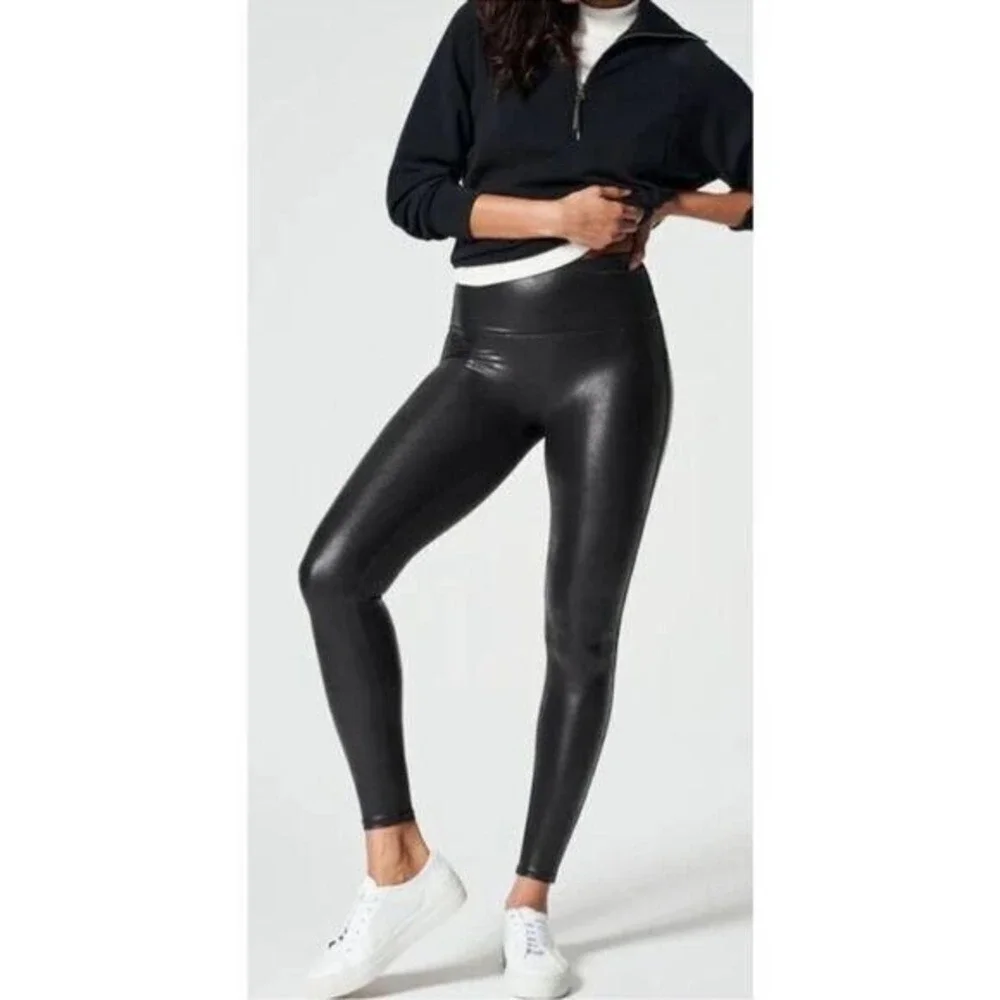 Spanx Faux Leather Leggings‎ Size Small Black Compression Shimmery Sleek Edgy